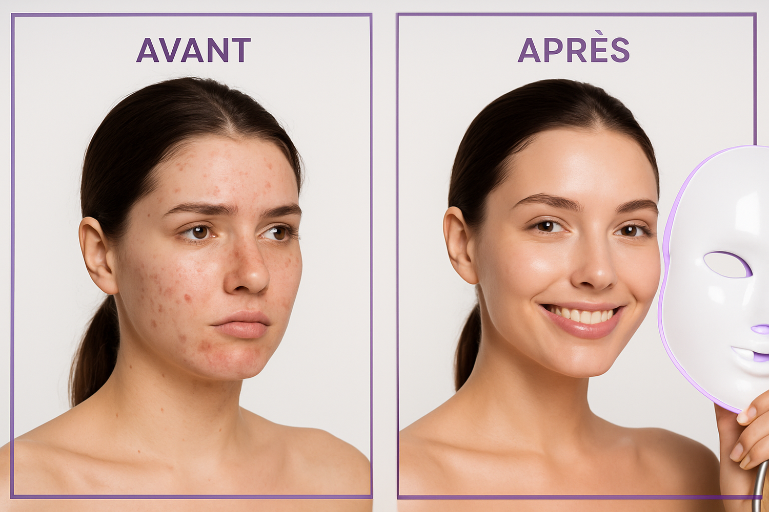 Image originale avant et après d'une femme qui a l'acné et qui a utilisé le produit masque led visage et qui a eu satisfaction totale. Les bordures des images sont en couleur violet afin de faire sortir la couleur de la boutique