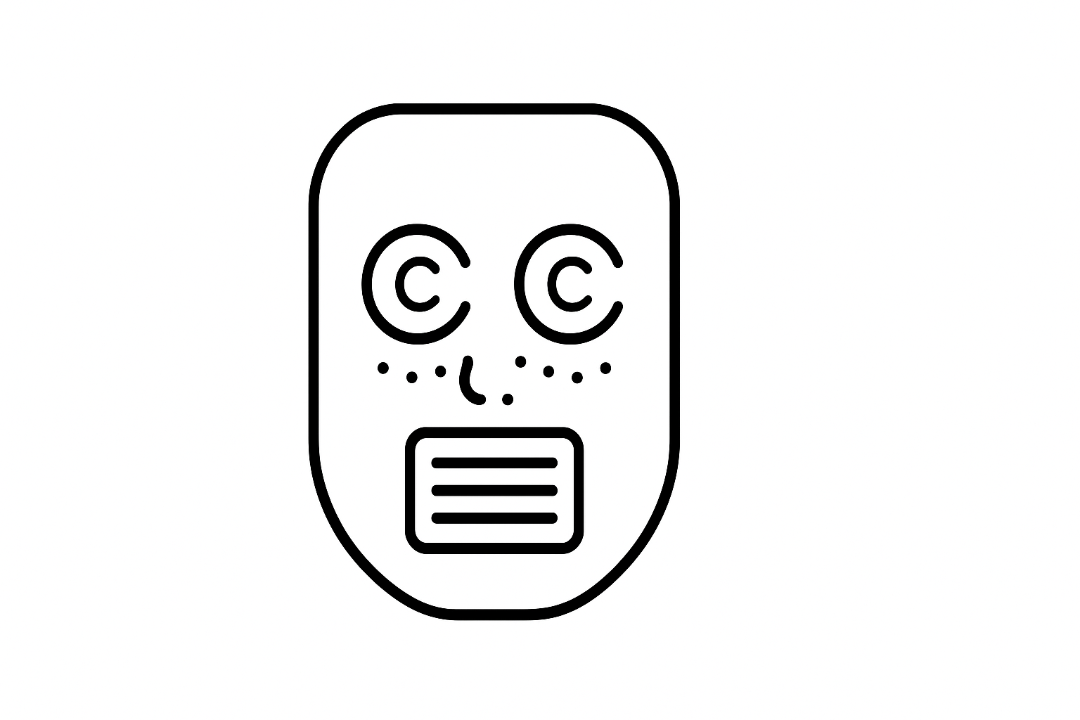 Icône masque LED
Un masque facial rectangulaire, avec des trous pour les yeux où c'est écrit C dans chaque trou. De très petits cercles ou points en bas des yeux. La bouche et le nez sont caché par un rectangle avec des lignes.
Le tour sur 4320 de largeur et 2160 de hauteur