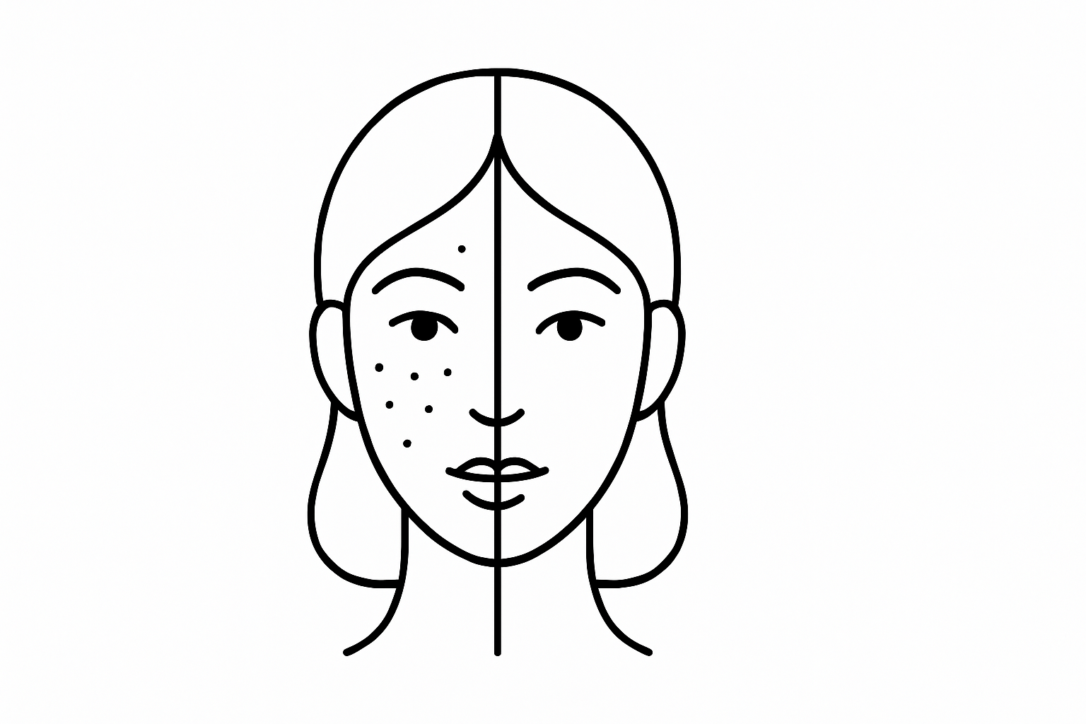 Icône visage de femme avec points
 Un visage humain de femme vu de face, séparé par une ligne verticale au milieu. D’un côté du visage, il y a de petits points (comme des boutons ou imperfections), l’autre côté est lisse. Style minimaliste en ligne.Le tour sur 4320 de largeur et 2160 de hauteur